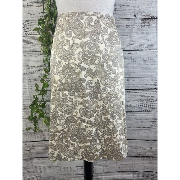 346 Brooks Brothers Skirt size 6 Ivory Gray Paisley Knee A Line Modest Preppy - Picture 2 of 13